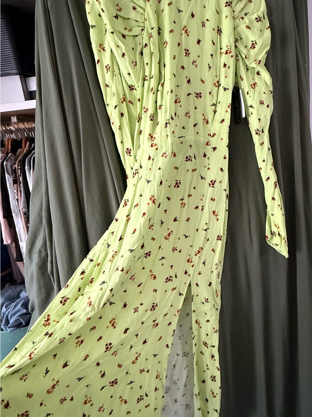 AFRM Lime Green ditsy Floral Midi Dress with Lace-Up Back - Picture 6 of 6